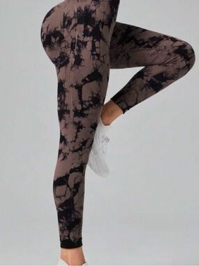Pcheebum High-Waist Marble Brown Black Tie-Dye Seamless Leggings Small NEW
